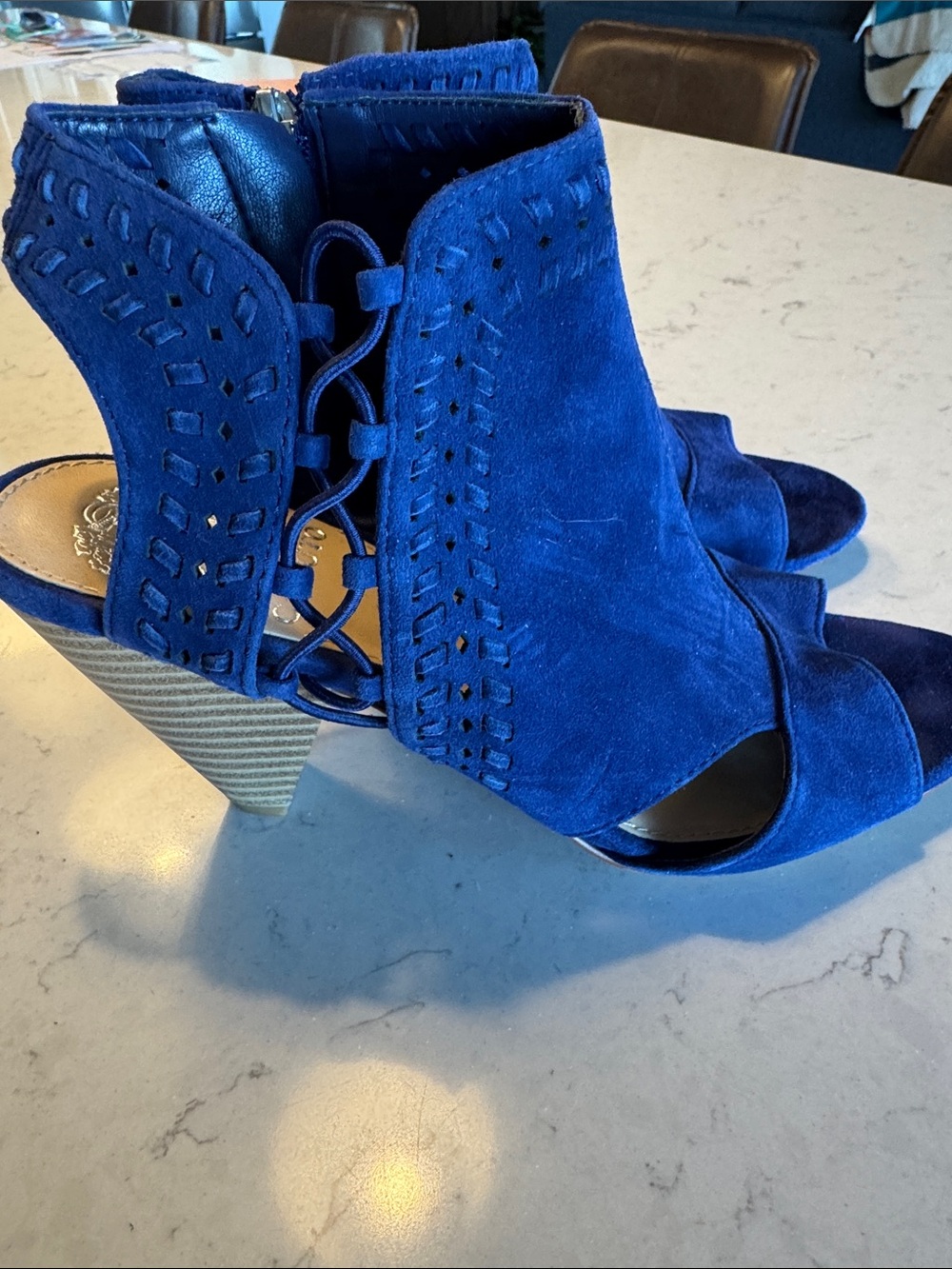 Vince Camuto Navy Suede Cutout Open-Toe Ankle Heels - Picture 3 of 5